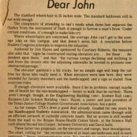 Dear John editorial published in the Shorthorn about problems physically handicapped students faced when going to the restroom.