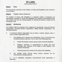 Coalition of Texans with Disabilities by-laws last amended on September 22, 2001