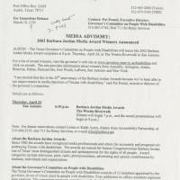 Media Advisory from the Office of Governor Rick Perry regarding the 2002 Barbara Jordan Awards 