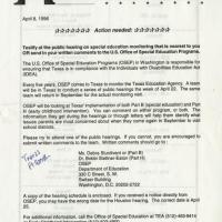 The Arc of Texas Action Alert press release, April 8, 1996