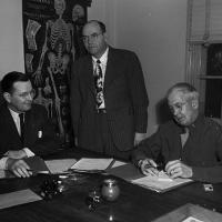 rating board determines extent of disability; board members, from left, A.M. Armstrong, Phil Collins, Lt. Col. Hugh C. Brooke