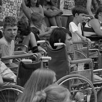 Large group of children in wheelchairs