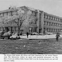 Arlington State College Science Hall in inclement weather, 1961