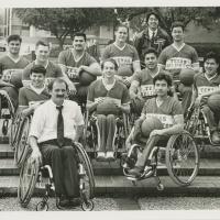 Members of the University of Texas at Arlington Movin' Mavs men's wheelchair basketball team pose for a team photograph