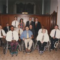 University of Texas at Arlington's Movin' Mavs men's wheelchair basketball team pose for a photograph