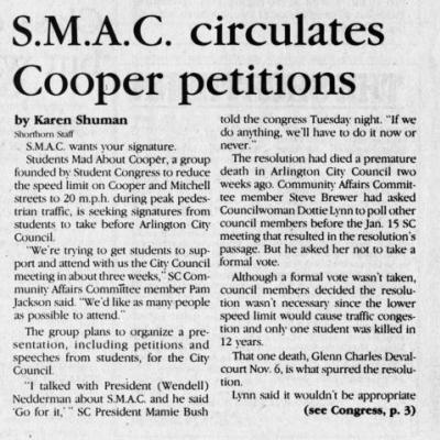 U. T. A. Students Mad About Cooper organization to petition Arlington City Council to love speed limits on Cooper Street