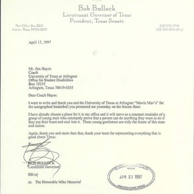 Letter from Bob Bullock, Texas Lieutenant Governor, thanking Jim Hayes
