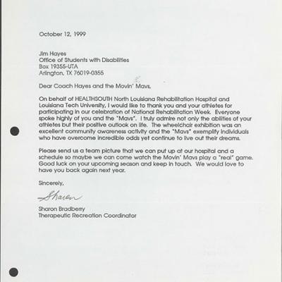   Letter from Sharon Bradberry to Jim Hayes and the Movin' Mavs