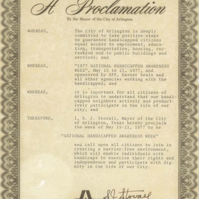 Proclamation declaring National Handicapped Week, Arlington, Texas by Mayor S.J. Stovall 
