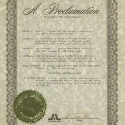 certificate proclaiming Wheelchair Basketball Day in Arlington, Texas by mayor S.J. Stovall