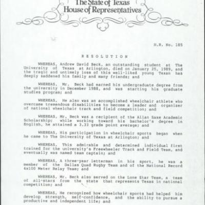 Resolution of the 71st Texas Legislature honoring the memory of Andy Beck