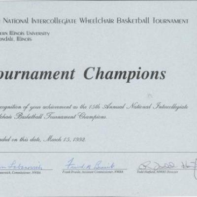 15th National Intercollegiate Wheelchair Basketball Tournament Certificate
