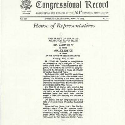 Congressional Record entry recognizing the Movin' Mav's third consecutive national championship