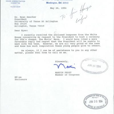 letter from Martin Frost to UTA President Ryan Amacher