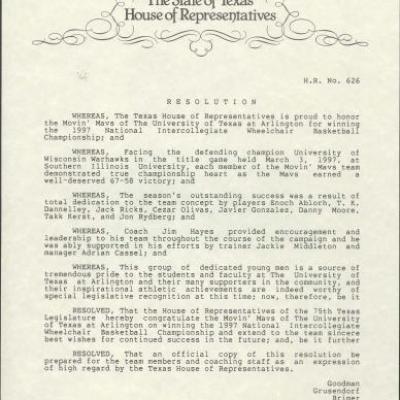 Resolution H.R. No. 626 honoring the Movin' Mavs on their 1997 national championship