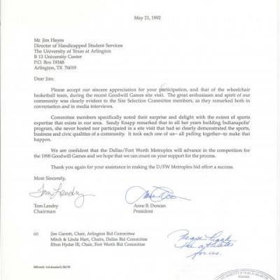 Letter sent thanking the DFW Goodwill Games Bid Selection committee members