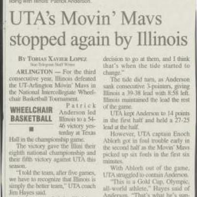 Newspaper article recapping the UTA Movin' Mavs loss to the University of Illinois
