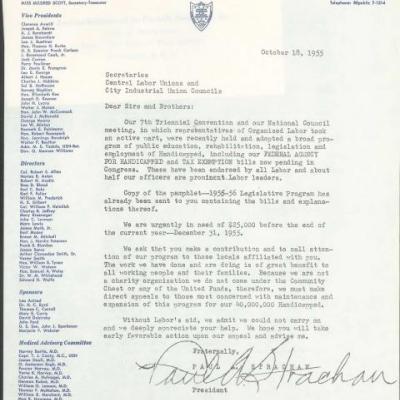 Memo from Paul Strachan to secretaries of central labor unions and city industrial union council