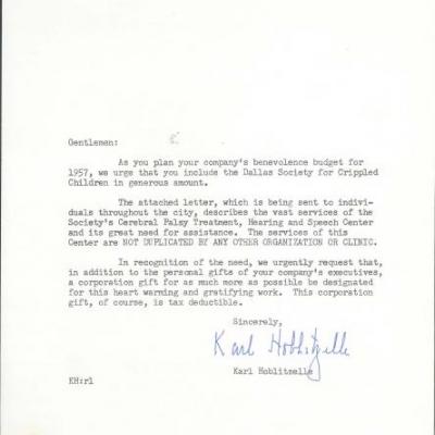 letter from Karl Hoblitzelle to undisclosed recipients seeking corporate donations for the Dallas Society for Crippled Children