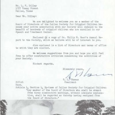 letter from R. L. Thomas, President of the Dallas Society for Crippled Children, to L. E. Dilley