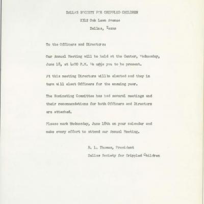 letter from R. L. Thomas, President of the Dallas Society for Crippled Children, to the Officers and Directors