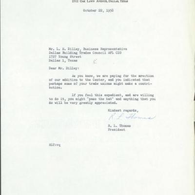letter from R. L. Thomas, President of the Dallas Society for Crippled Children, to L. E. Dilley