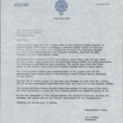 A letter from the Dallas Building Trades Council requesting that Mr. R. L. Thomas be allowed to present their award of merit