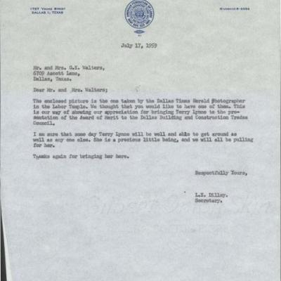 letter from L. E. Dilley, Secretary for the Building and Construction Trades Council, to Mr. and Mrs. G. K. Walters