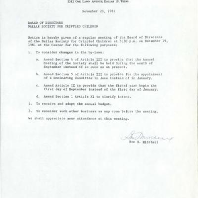Agenda for the December 19, 1961 Board of Directors of the Dallas Society for Crippled Children meeting