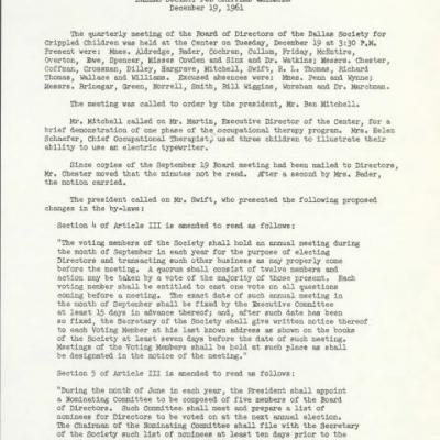 Dallas Society for Crippled Children meeting minutes for December 19, 1961