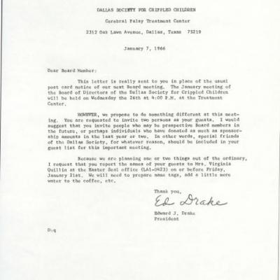 Letter from Edward Drake to Dallas Society for Crippled Children board members about the Jan 26th, 1966 board meeting