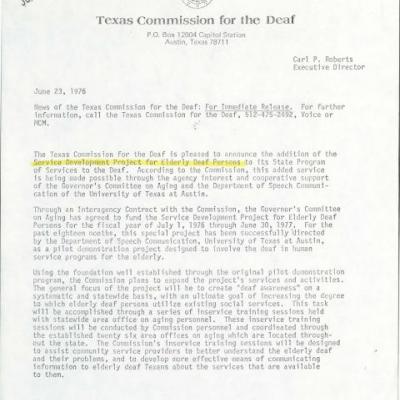 News release of the Texas Commission for the Deaf. Announcement