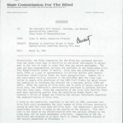 State Commission for the Blind Executive Director Evans N. Wentz Memorandum to Texas House of Representatives