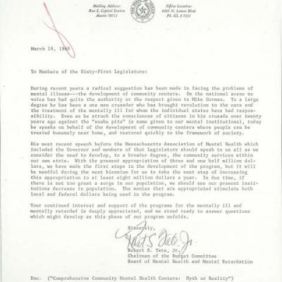 Letter from Robert S. Tate to members of the Texas Legislature