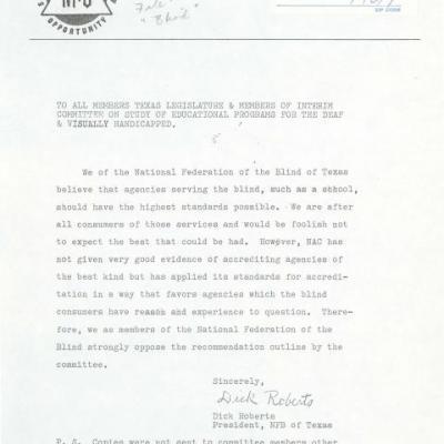 National Federation of the Blind letter to Texas Legislature