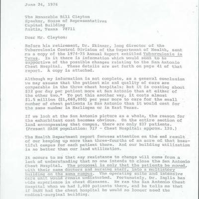 Letter from H.E. Butt to Bill Clayton proposing changes to the San Antonio Chest Hospital