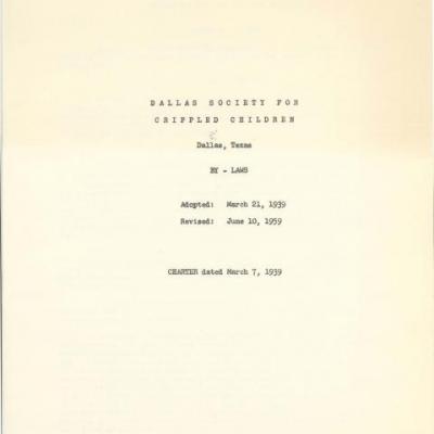 coversheet of Dallas Society for Crippled Children By-laws from 1939