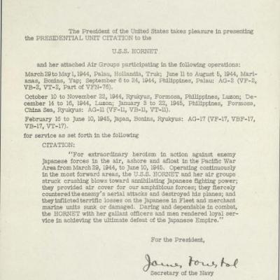 Presidential Unit Citation from the Secretary of the Navy to the U.S.S. HORNET