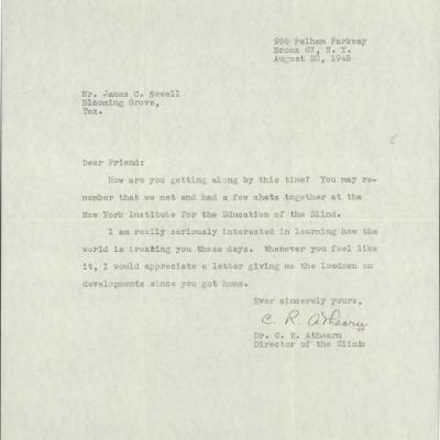 Letter from Dr. C. R. Athearn to James C. Sewell