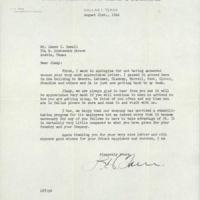 Letter from L.H. True to James C. Sewell
