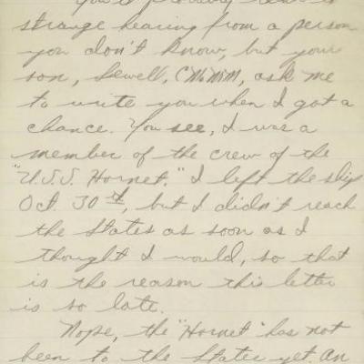 a letter from Ralph C. Irvin, a shipmate of Mr. Sewell, to Mr. Sewell's mother, Parthania Agnes Sewell