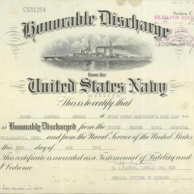 James Carroll Sewell's U.S. Navy discharge papers from May 1945