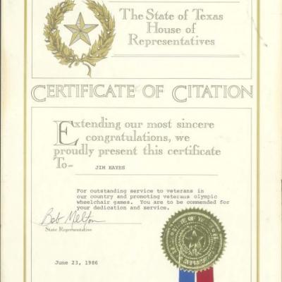  Certificate of Citation to Jim Hayes from the Texas State House of Representatives