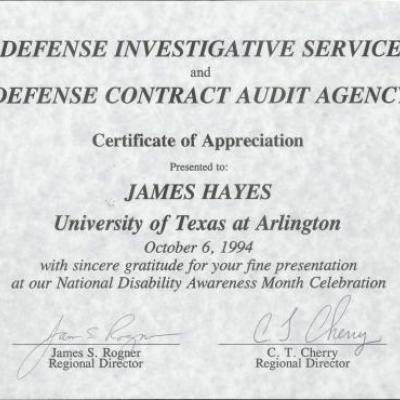 U.S. Defense Investigative Service and Defense Contract Audit Agency awared this Certificate to Jim Hayes