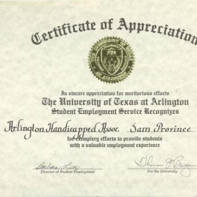Certificate of Appreciation to Sam Provence