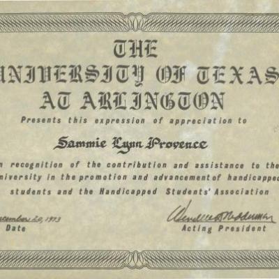  certificate of appreciation to Sammie Lynn Provence