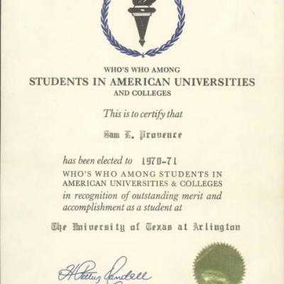 Certificate proclaiming Sam L. Provence elected to the 1970-1971 edition of Who's Who Among Students