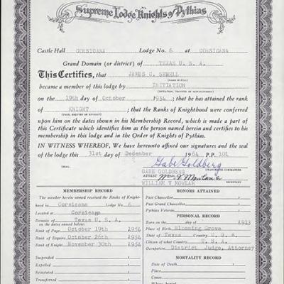 Knights of Pythias membership record for James C. Sewell