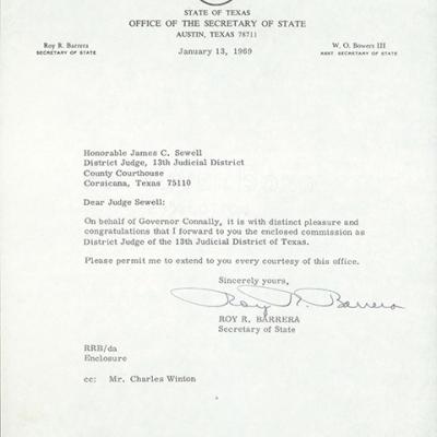 Letter from Texas Secretary of State Roy R. Barrera to James C. Sewell 