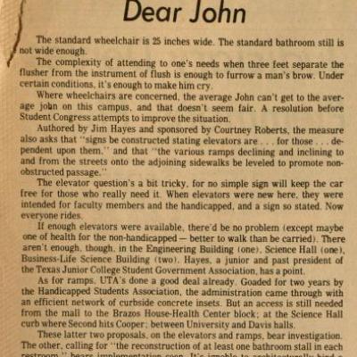 Dear John editorial published in the Shorthorn about problems physically handicapped students faced when going to the restroom.